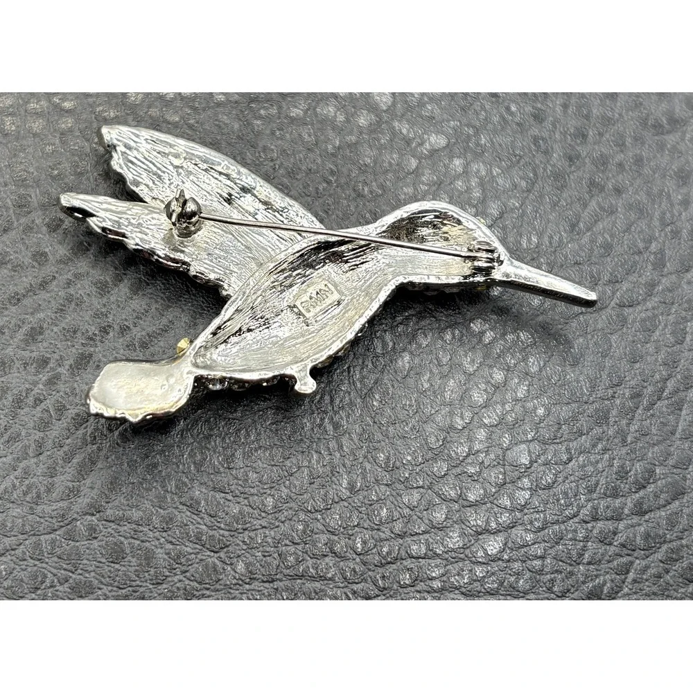 Robert Morris Silver Tone Hummingbird Brooch Crystal Rhinestone Black Enamel Pin